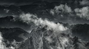 Preview wallpaper mountains, fog, peaks, clouds, gray