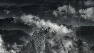 Preview wallpaper mountains, fog, peaks, clouds, gray