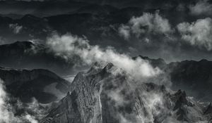 Preview wallpaper mountains, fog, peaks, clouds, gray