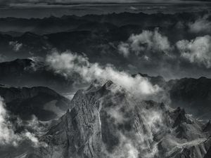 Preview wallpaper mountains, fog, peaks, clouds, gray