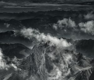 Preview wallpaper mountains, fog, peaks, clouds, gray