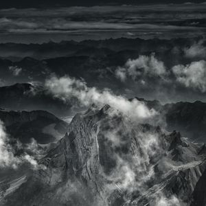 Preview wallpaper mountains, fog, peaks, clouds, gray