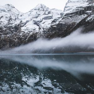 Preview wallpaper mountains, fog, reflection, lake