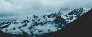Preview wallpaper mountains, fog, sky, peaks, snow-covered