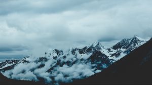 Preview wallpaper mountains, fog, sky, peaks, snow-covered