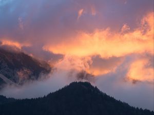 Preview wallpaper mountains, fog, sky, trees, sunset