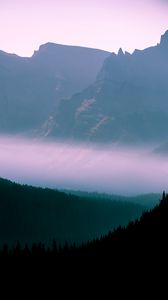 Preview wallpaper mountains, fog, sky, outlines, trees, forest