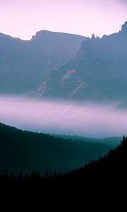 Preview wallpaper mountains, fog, sky, outlines, trees, forest