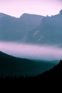 Preview wallpaper mountains, fog, sky, outlines, trees, forest