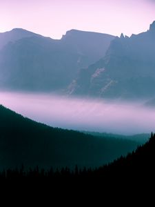 Preview wallpaper mountains, fog, sky, outlines, trees, forest