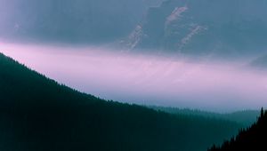 Preview wallpaper mountains, fog, sky, outlines, trees, forest
