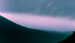 Preview wallpaper mountains, fog, sky, outlines, trees, forest