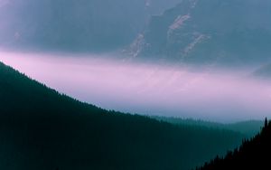 Preview wallpaper mountains, fog, sky, outlines, trees, forest