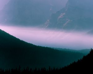 Preview wallpaper mountains, fog, sky, outlines, trees, forest