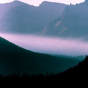 Preview wallpaper mountains, fog, sky, outlines, trees, forest