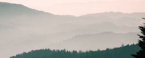 Preview wallpaper mountains, fog, sky, trees, dawn