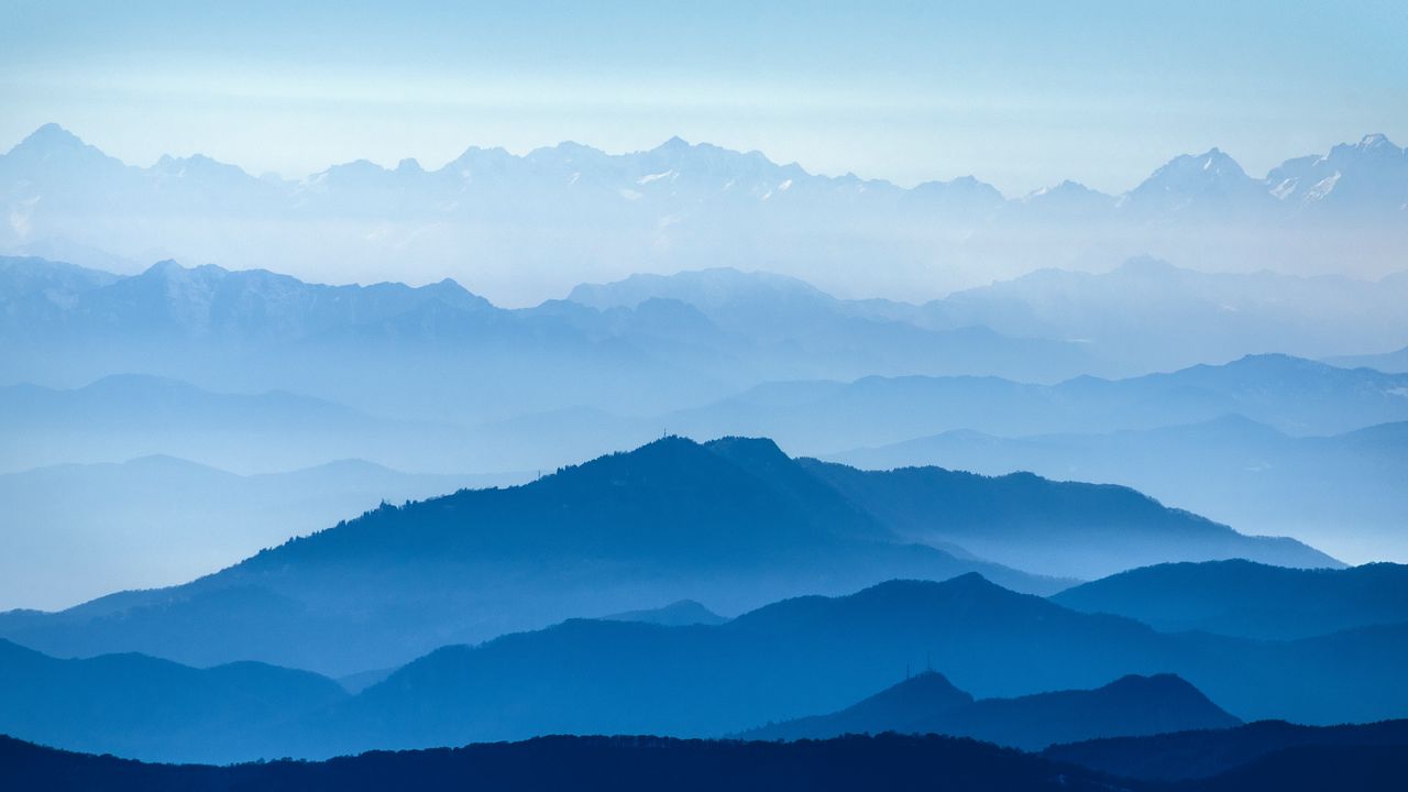 Wallpaper mountains, fog, sky, blue, white