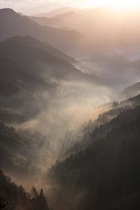 Preview wallpaper mountains, fog, sundawn, forest, landscape