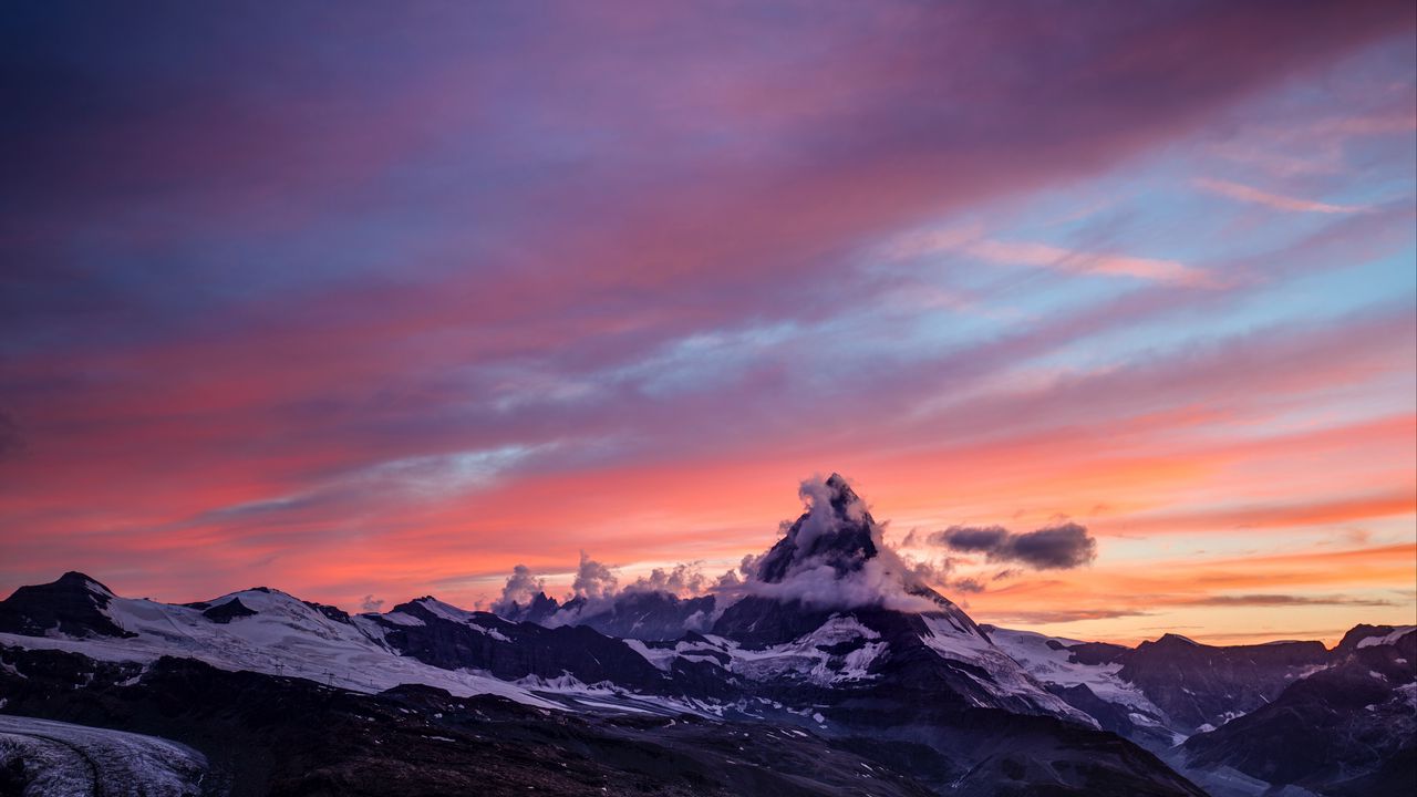 Wallpaper mountains, fog, sunset, clouds