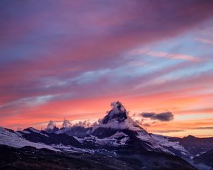 Preview wallpaper mountains, fog, sunset, clouds