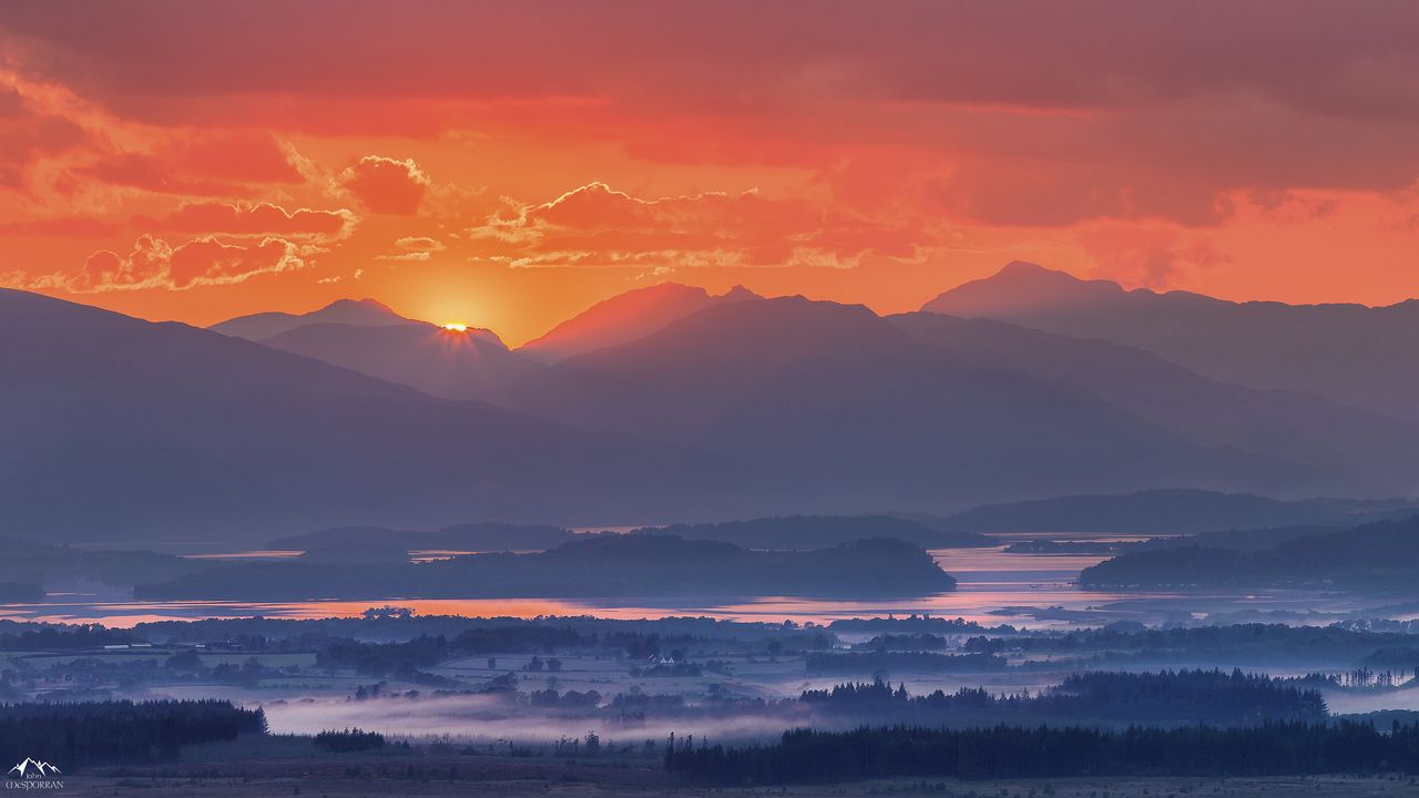 Wallpaper mountains, fog, sunset, loch lomond, scotland