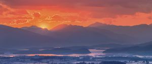 Preview wallpaper mountains, fog, sunset, loch lomond, scotland
