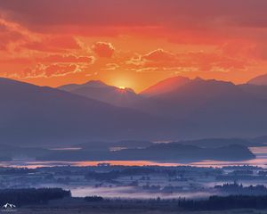 Preview wallpaper mountains, fog, sunset, loch lomond, scotland