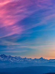 Preview wallpaper mountains, fog, sunset, clouds, landscape