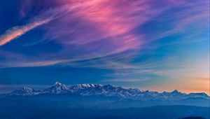 Preview wallpaper mountains, fog, sunset, clouds, landscape
