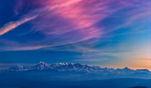 Preview wallpaper mountains, fog, sunset, clouds, landscape