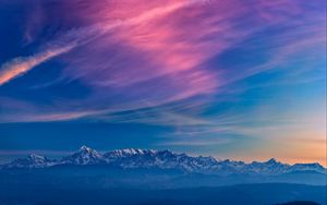 Preview wallpaper mountains, fog, sunset, clouds, landscape