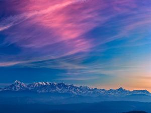 Preview wallpaper mountains, fog, sunset, clouds, landscape