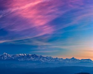 Preview wallpaper mountains, fog, sunset, clouds, landscape