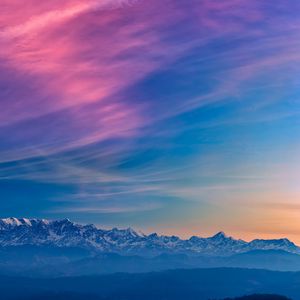 Preview wallpaper mountains, fog, sunset, clouds, landscape
