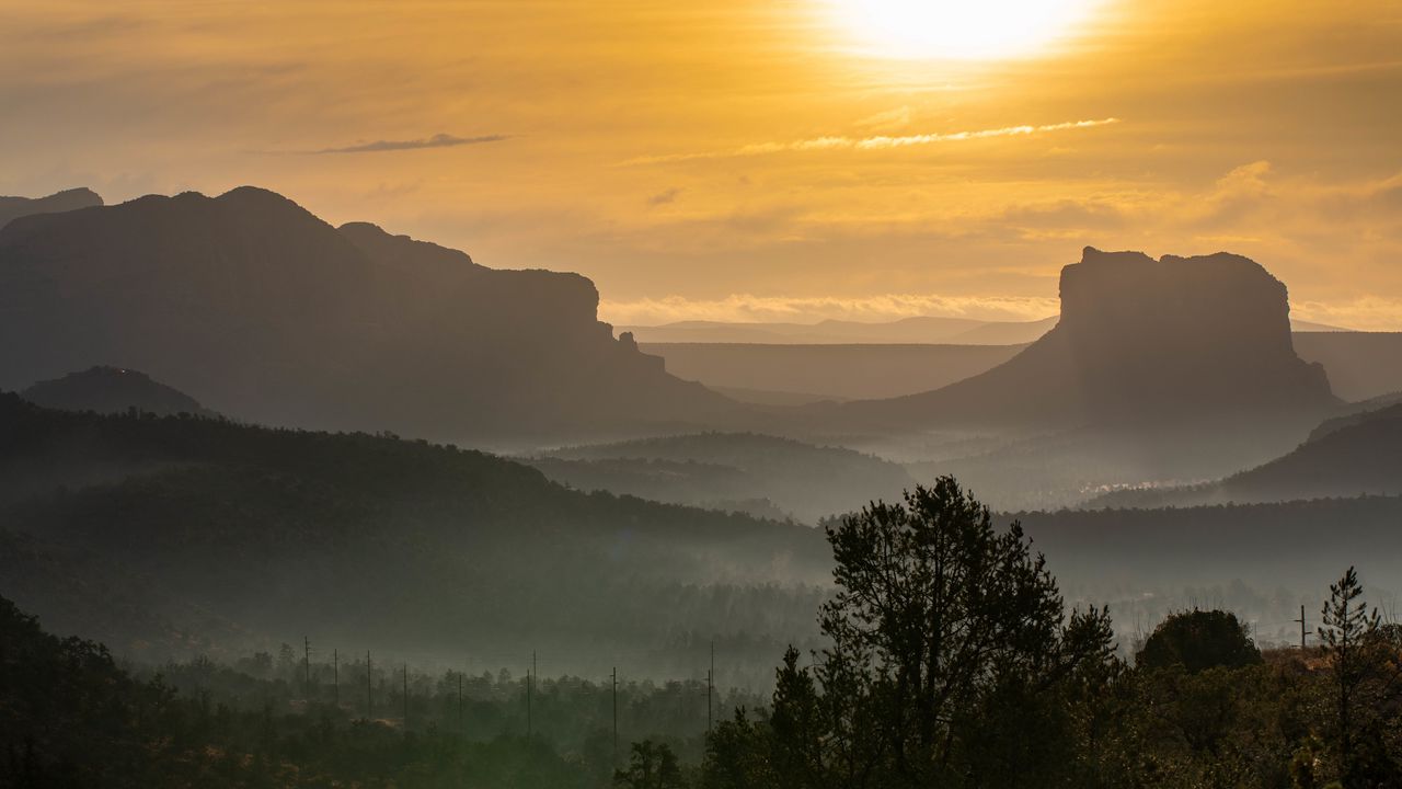 Wallpaper mountains, fog, sunset, dusk, landscape