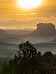 Preview wallpaper mountains, fog, sunset, dusk, landscape