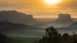 Preview wallpaper mountains, fog, sunset, dusk, landscape