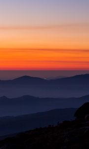 Preview wallpaper mountains, fog, sunset, aerial view, dark