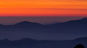 Preview wallpaper mountains, fog, sunset, aerial view, dark