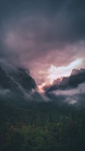 Preview wallpaper mountains, fog, trees, sky, clouds, aerial view