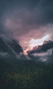 Preview wallpaper mountains, fog, trees, sky, clouds, aerial view