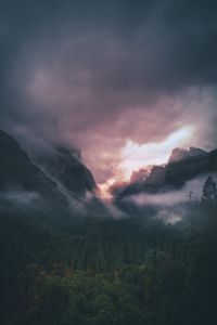 Preview wallpaper mountains, fog, trees, sky, clouds, aerial view