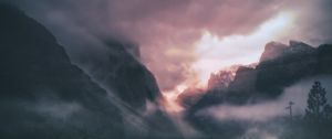 Preview wallpaper mountains, fog, trees, sky, clouds, aerial view