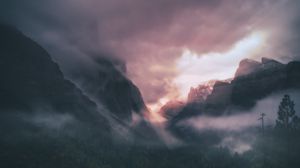 Preview wallpaper mountains, fog, trees, sky, clouds, aerial view