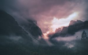 Preview wallpaper mountains, fog, trees, sky, clouds, aerial view