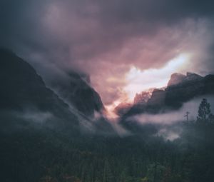 Preview wallpaper mountains, fog, trees, sky, clouds, aerial view