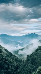 Preview wallpaper mountains, fog, trees, aerial view, landscape