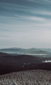 Preview wallpaper mountains, fog, trees, sky, horizon, distance