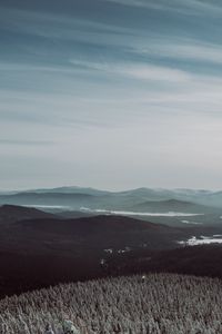 Preview wallpaper mountains, fog, trees, sky, horizon, distance