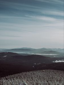 Preview wallpaper mountains, fog, trees, sky, horizon, distance